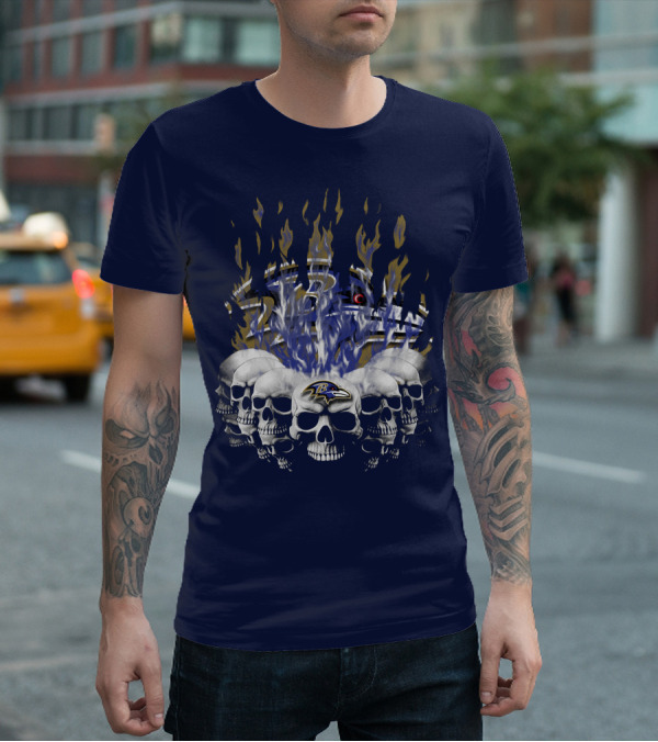 Baltimore Ravens Skull Flame Design With Team Logo T-Shirt
