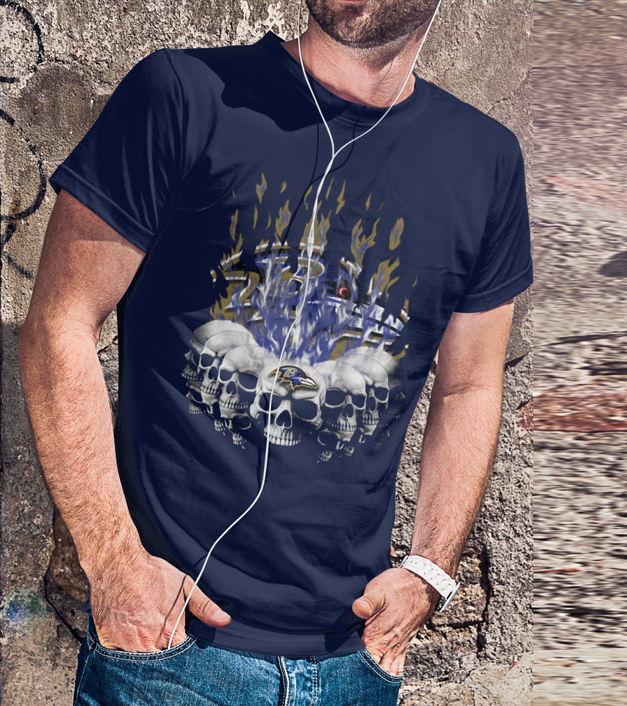Baltimore Ravens Skull Flame Design With Team Logo T-Shirt