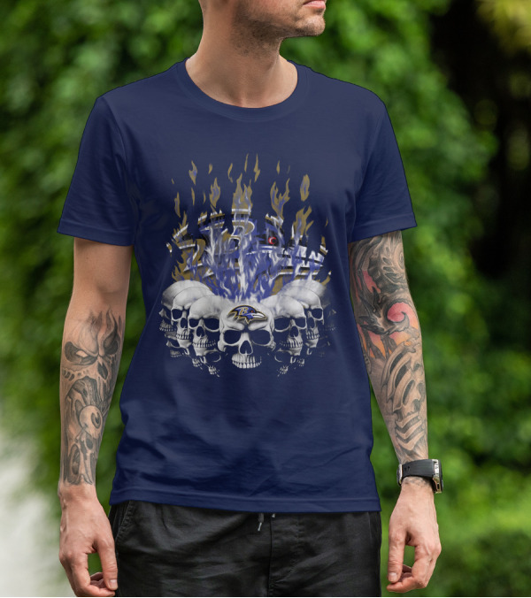 Baltimore Ravens Skull Flame Design With Team Logo T-Shirt