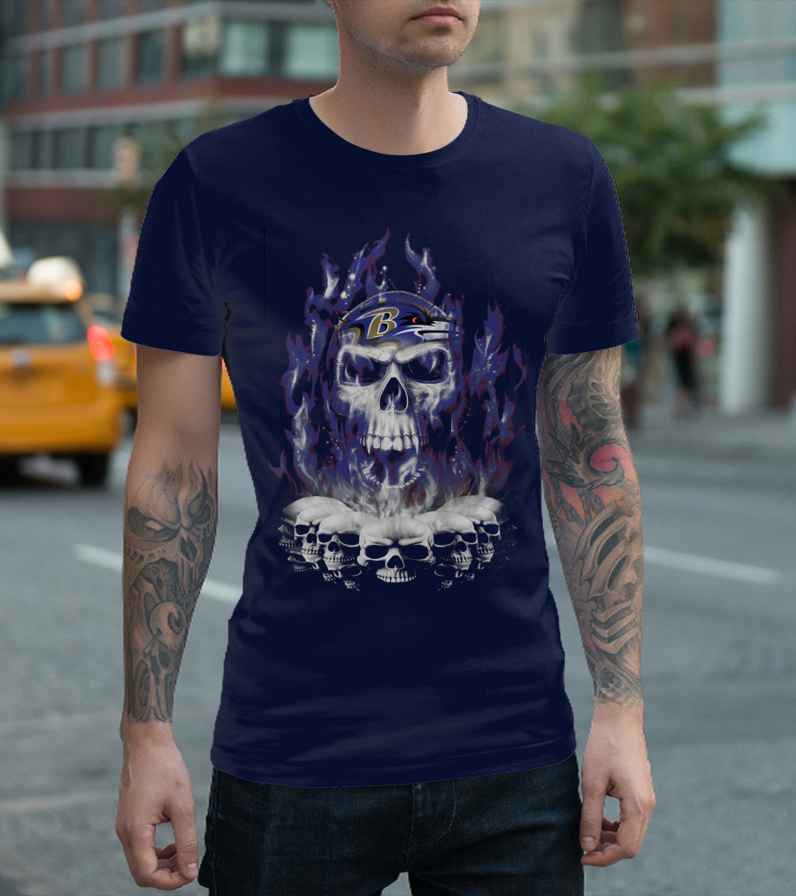 Baltimore Ravens 52 Skulls And Flames Football Helmet T-Shirt