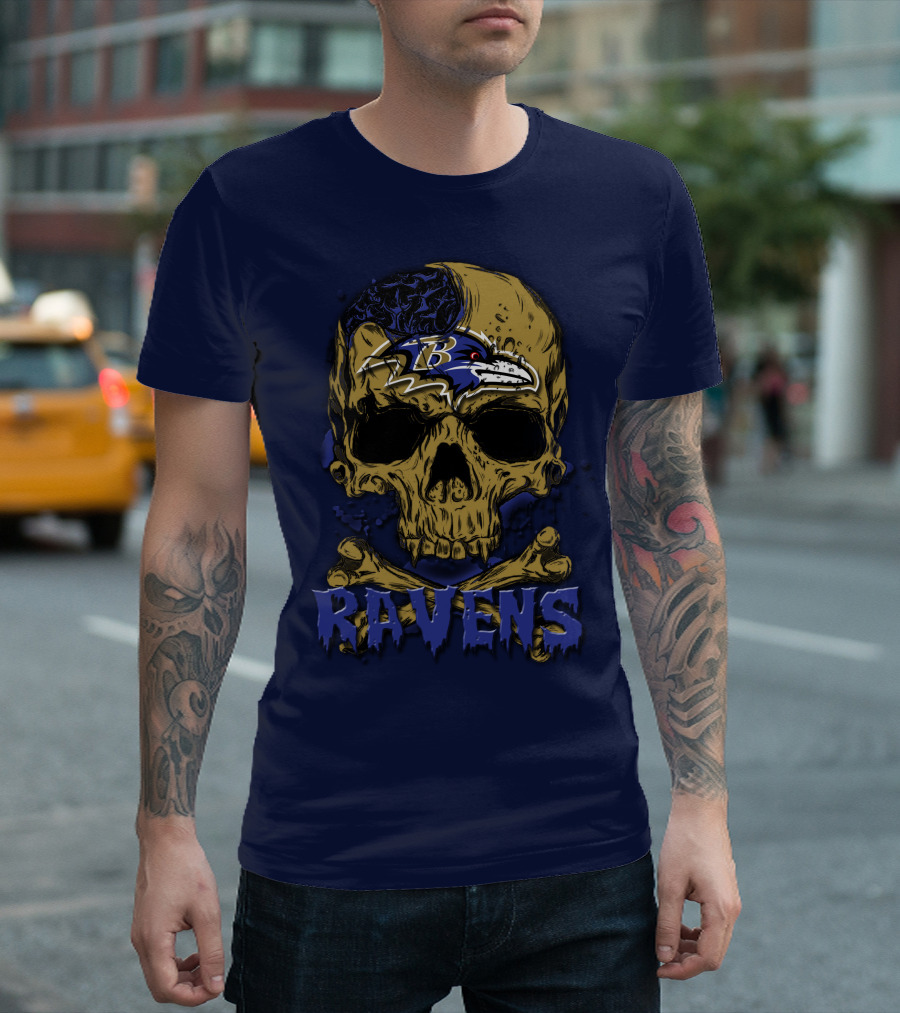 Baltimore Ravens Skull Artwork With Logo And Number T-Shirt