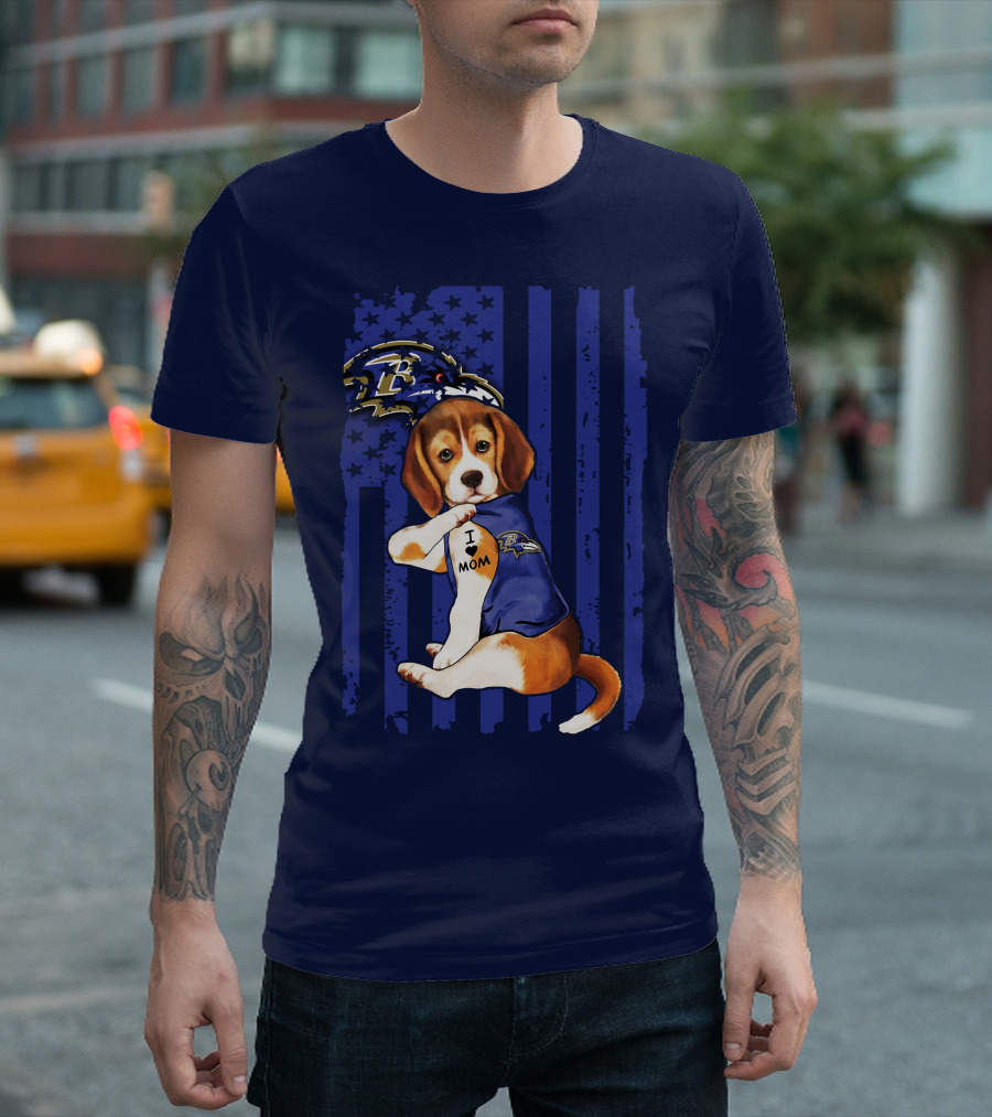 Beagle Puppy I Love Mom Baltimore Ravens Fan With Tattoo And Team Jersey T-Shirt