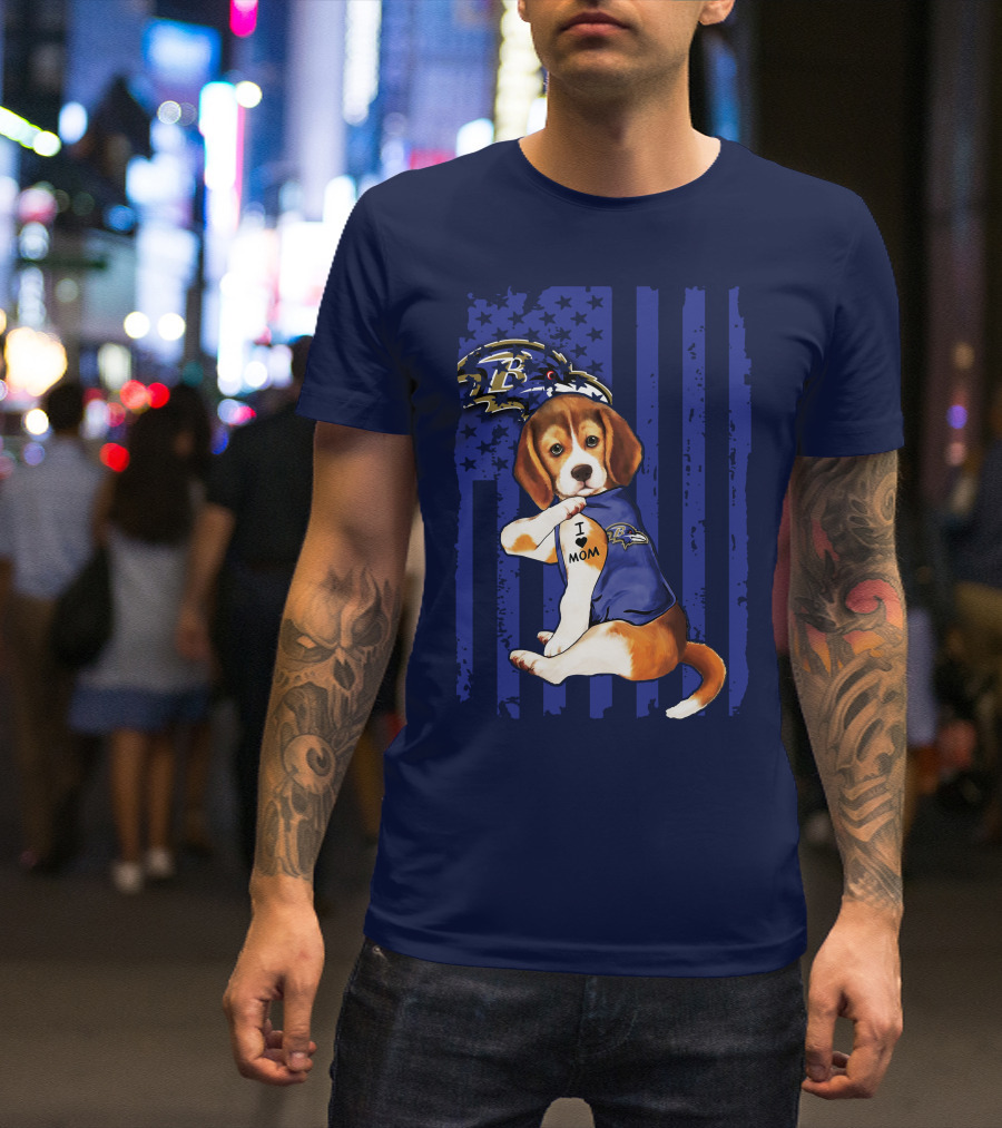 Beagle Puppy I Love Mom Baltimore Ravens Fan With Tattoo And Team Jersey T-Shirt