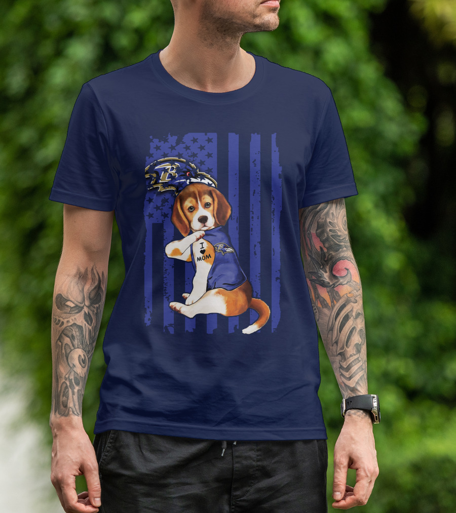 Beagle Puppy I Love Mom Baltimore Ravens Fan With Tattoo And Team Jersey T-Shirt
