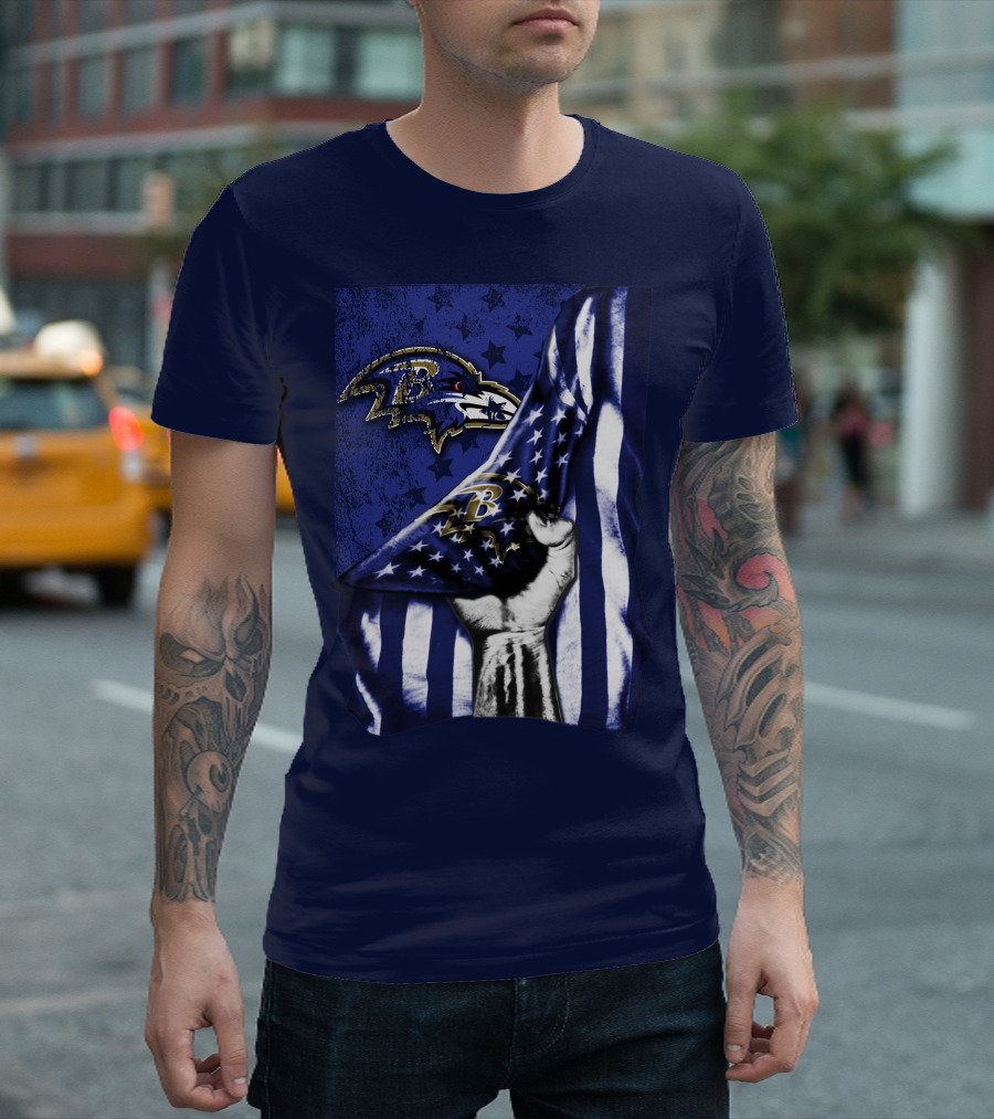 Fist Holding American Flag with Baltimore Ravens Logo and Stars T-Shirt