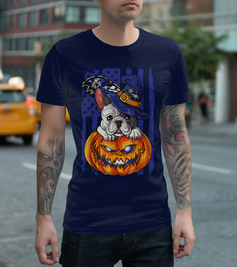 Bulldog in Wizard Hat on Jack-o'-Lantern with Baltimore Ravens T-Shirt