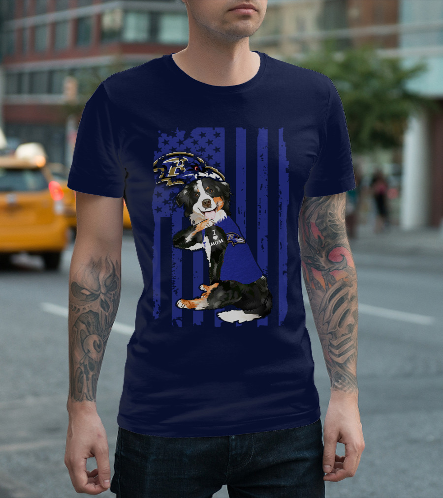 Border Collie Wearing Baltimore Ravens Gear With I Love Mom Tattoo T-Shirt