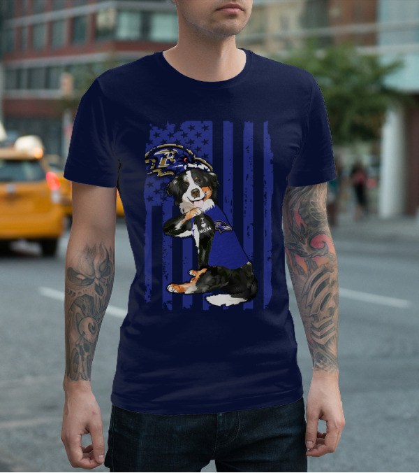 Border Collie Wearing Baltimore Ravens Gear With I Love Mom Tattoo T-Shirt