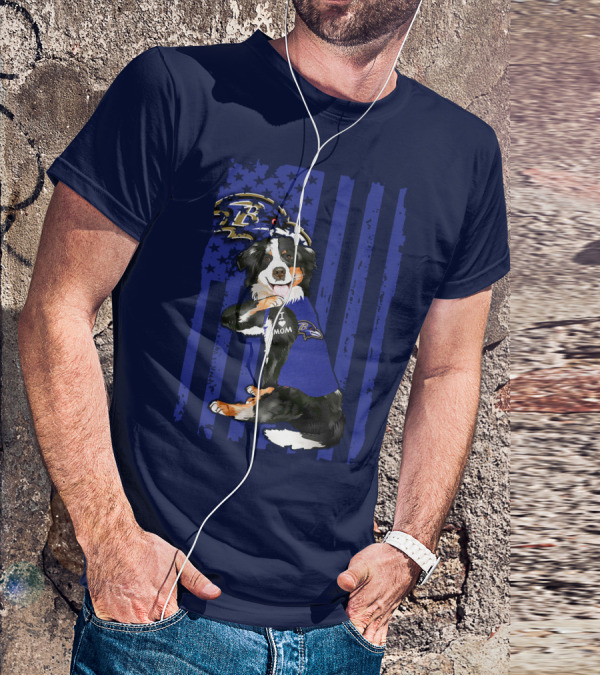 Border Collie Wearing Baltimore Ravens Gear With I Love Mom Tattoo T-Shirt