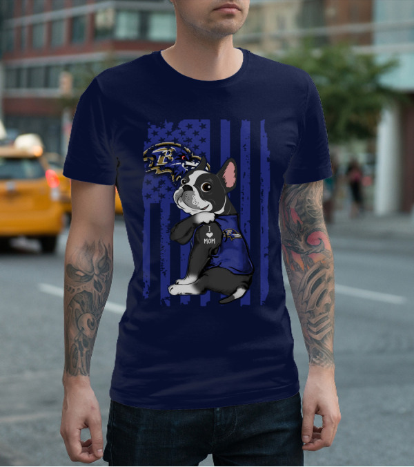 Boston Terrier I Love Mom Baltimore Ravens Flag T-Shirt