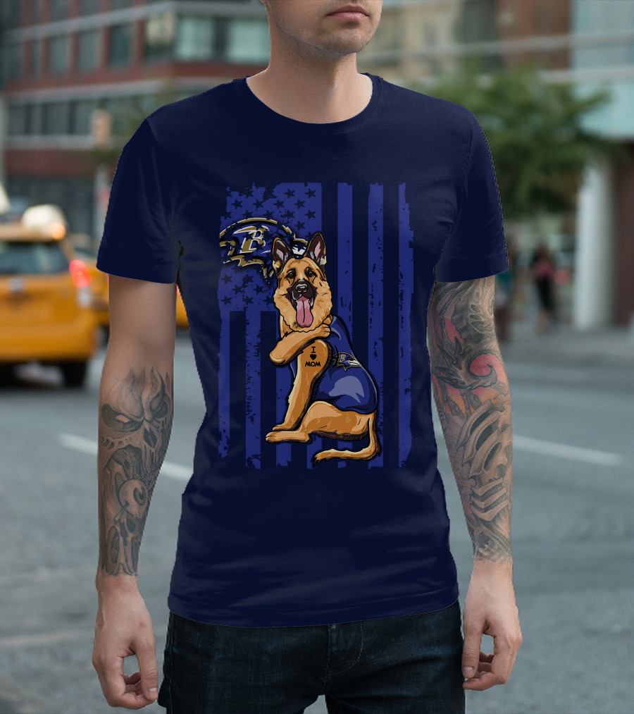 German Shepherd Illustrated with Baltimore Ravens NFL Symbol and I Love Mom Tattoo T-Shirt