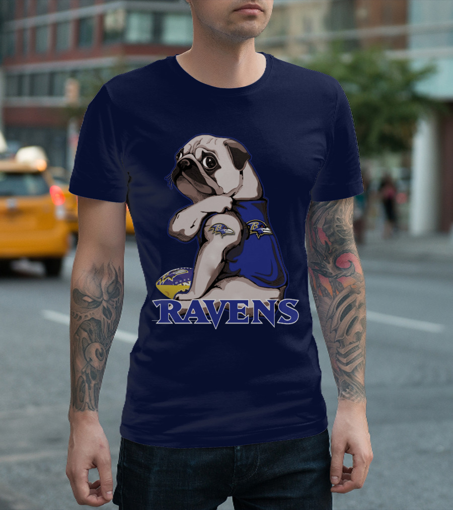 Pug Wearing Baltimore Ravens Football Jersey With Ravens Logo And Football T-Shirt