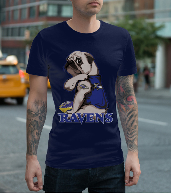 Pug Wearing Baltimore Ravens Football Jersey With Ravens Logo And Football T-Shirt