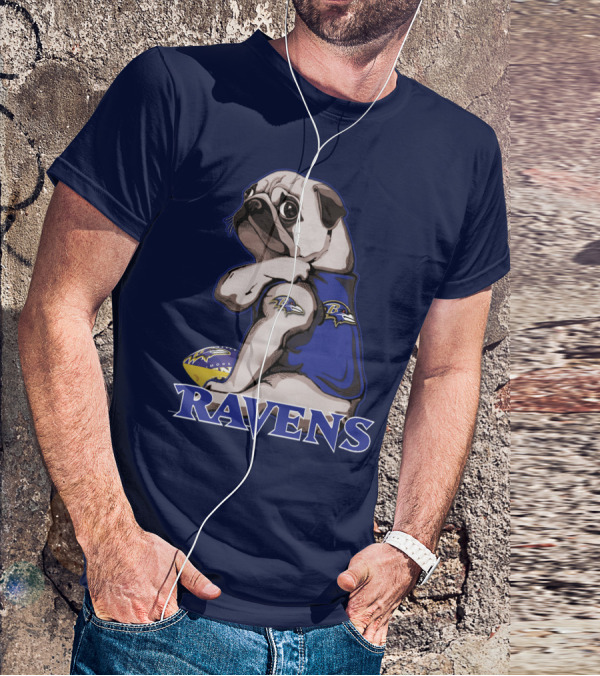 Pug Wearing Baltimore Ravens Football Jersey With Ravens Logo And Football T-Shirt
