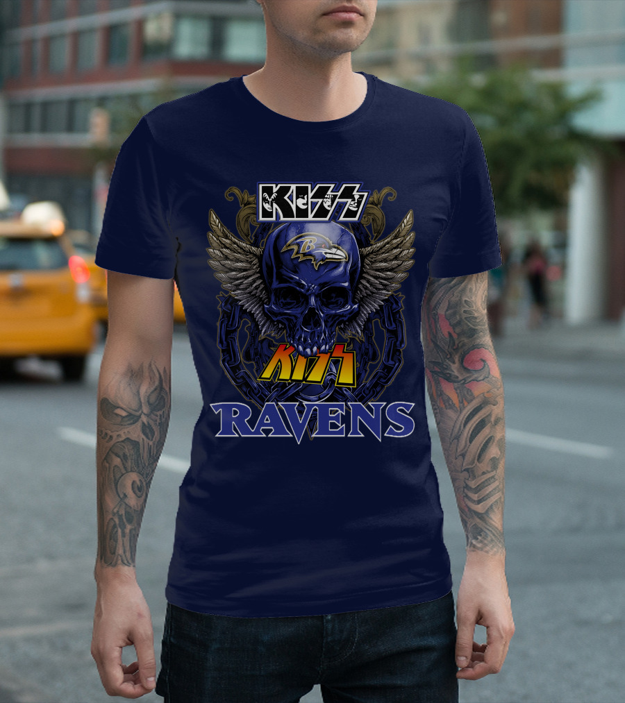 Kiss Ravens Baltimore Football Skull Wings T-Shirt