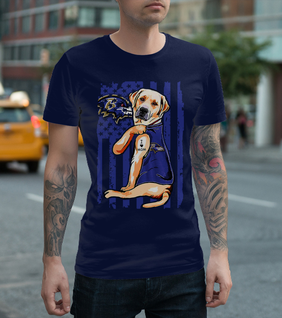 Labrador Retriever I Love Mom Baltimore Ravens Fan Dog With Tattoo And Team T-Shirt