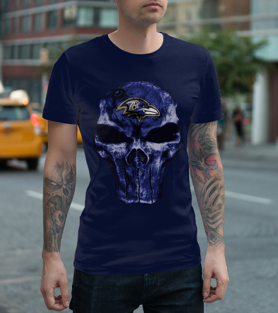 Skull Baltimore Ravens Logo Blue Skull T-Shirt
