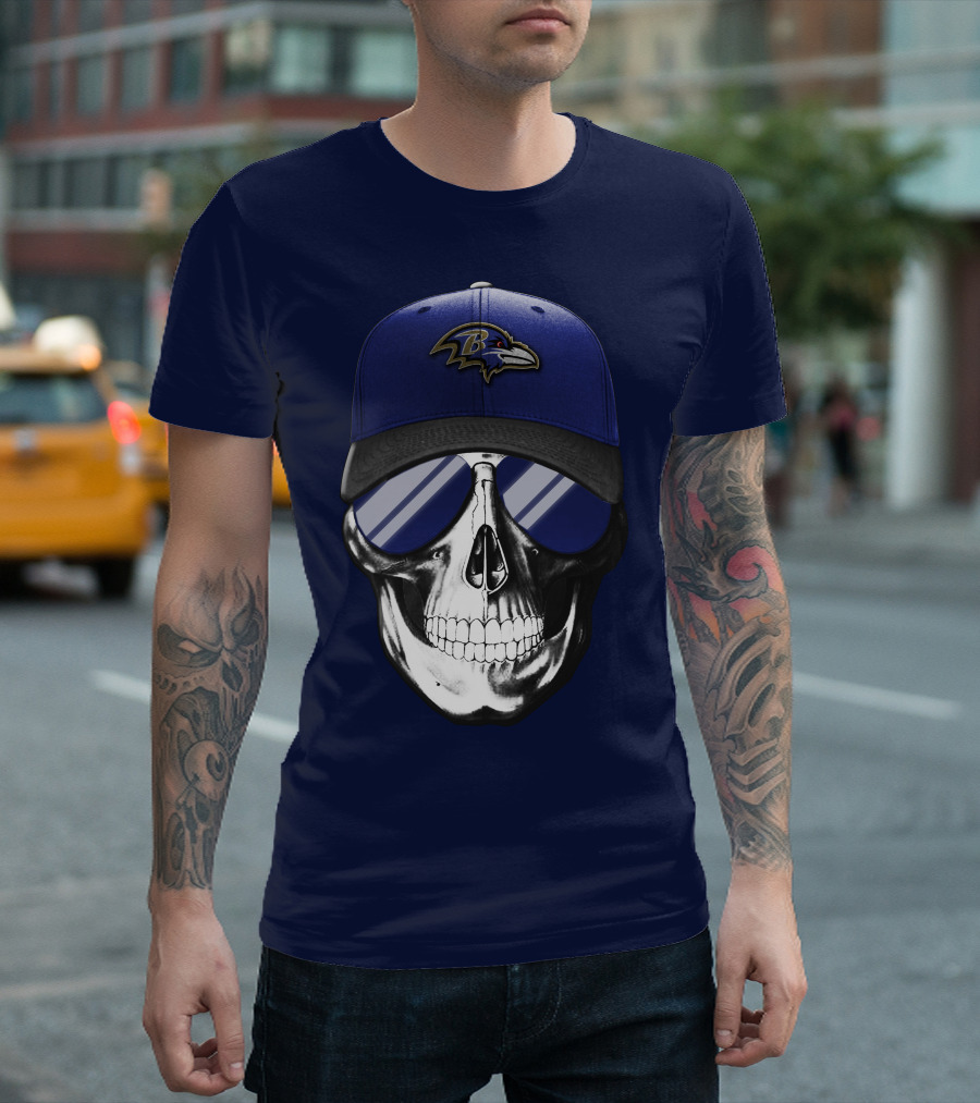 Skull With Baltimore Ravens Cap And Sunglasses T-Shirt