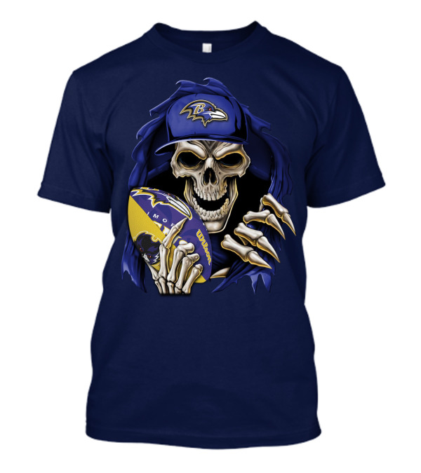 Skullbong Baltimore Ravens Skeleton With Football And Cap T-Shirt