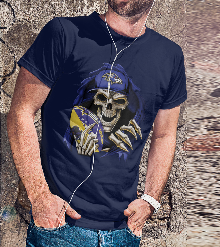 Skullbong Baltimore Ravens Skeleton With Football And Cap T-Shirt