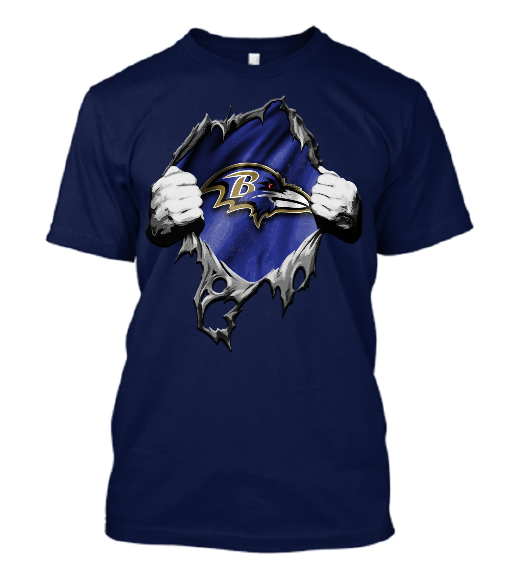 Torn V2 Baltimore Ravens Logo With Ripping Hands On Blue T-Shirt