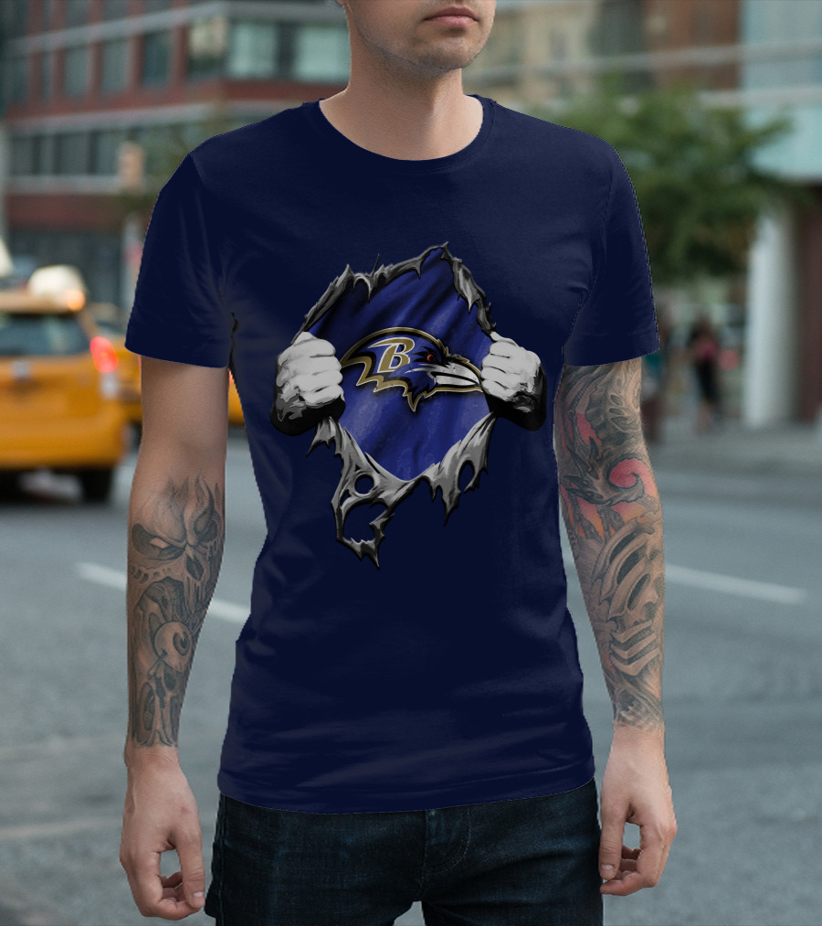 Torn V2 Baltimore Ravens Logo With Ripping Hands On Blue T-Shirt