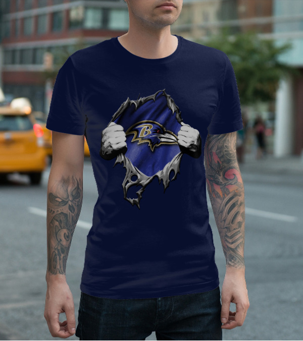 Torn V2 Baltimore Ravens Logo With Ripping Hands On Blue T-Shirt