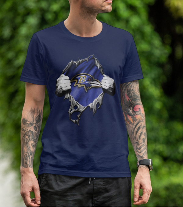 Torn V2 Baltimore Ravens Logo With Ripping Hands On Blue T-Shirt