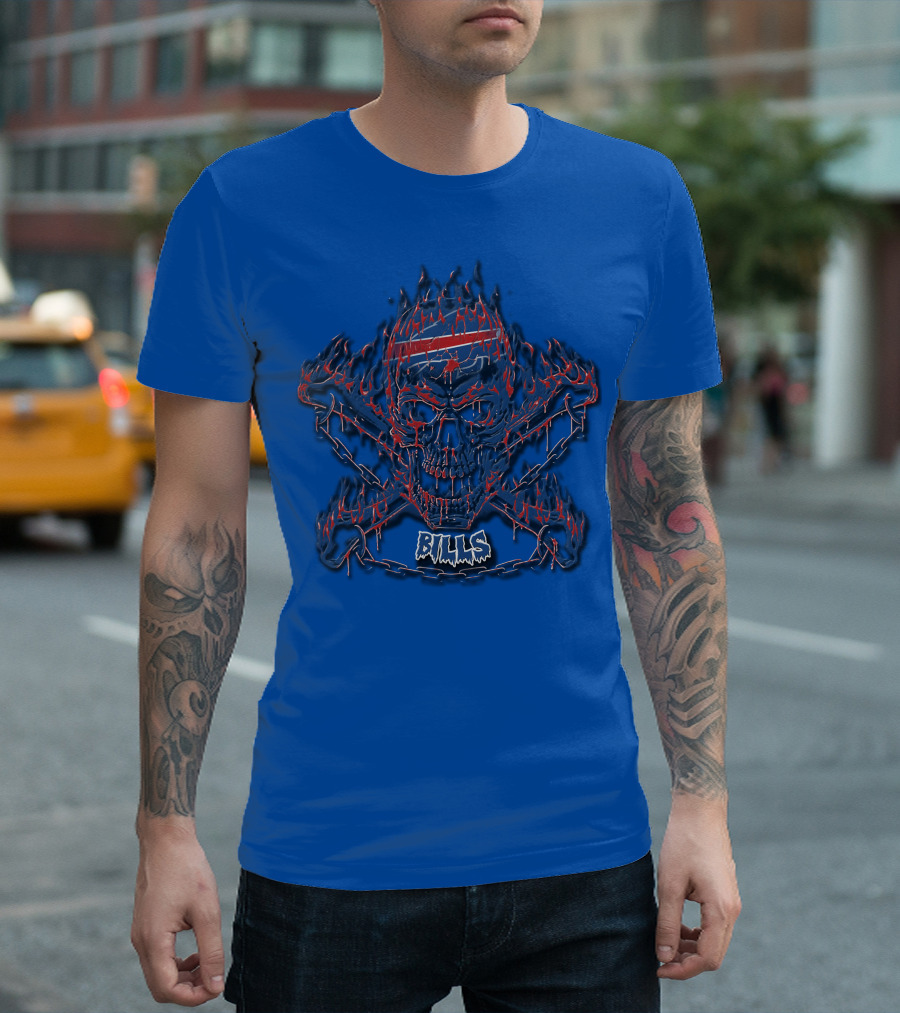 Buffalo Bills Flaming Skull Crossbones T-Shirt