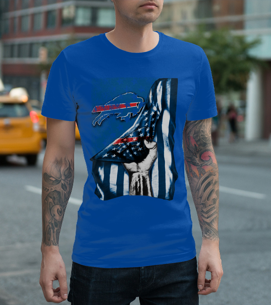 Buffalo Bills American Flag Blue Stripes Football Fan Fist T-Shirt