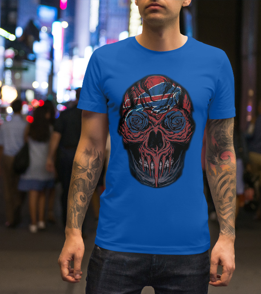 Buffalo Bills 34 Skull With Blue And Red Rose Eyes On Blue T-Shirt