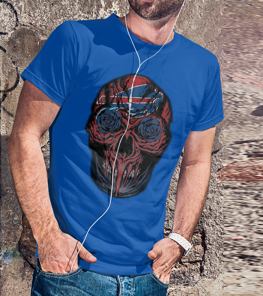 Buffalo Bills 34 Skull With Blue And Red Rose Eyes On Blue T-Shirt