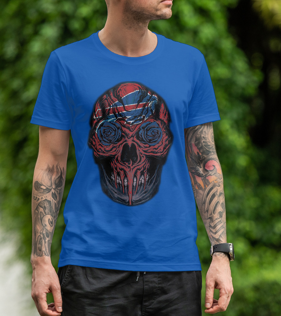 Buffalo Bills 34 Skull With Blue And Red Rose Eyes On Blue T-Shirt