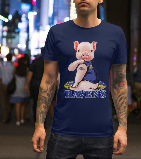Ravens Pig Mascot With Baltimore Ravens T-Shirt
