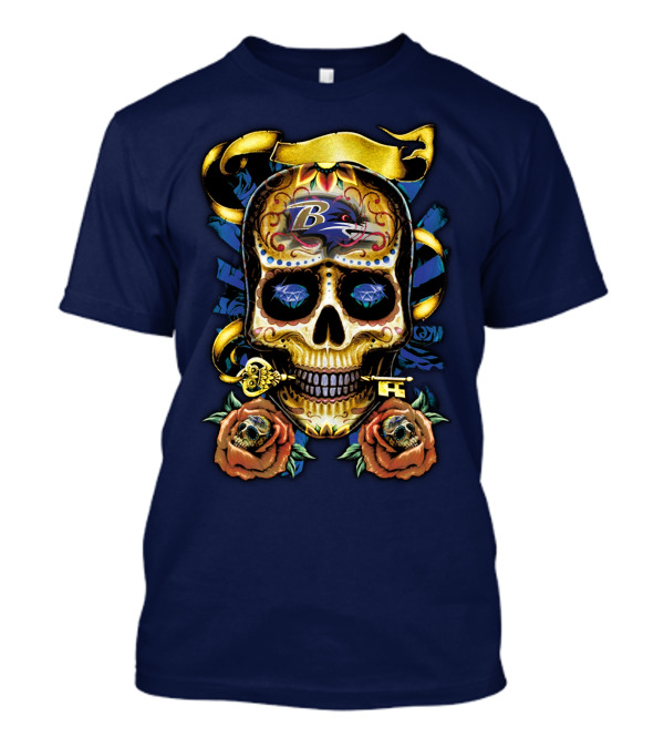 Baltimore Ravens Sugar Skull Art With Roses And Ribbon T-Shirt