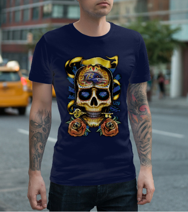 Baltimore Ravens Sugar Skull Art With Roses And Ribbon T-Shirt