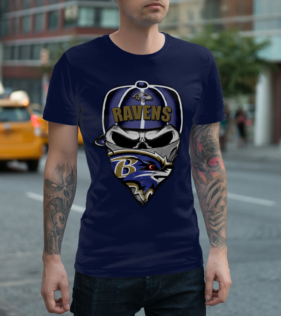 Baltimore Ravens Skull Bandana Hat T-Shirt