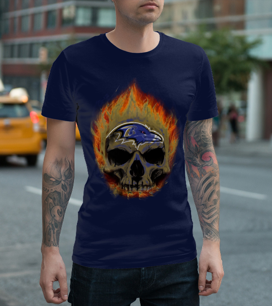 Baltimore Ravens Skull Flaming Logo Fire T-Shirt