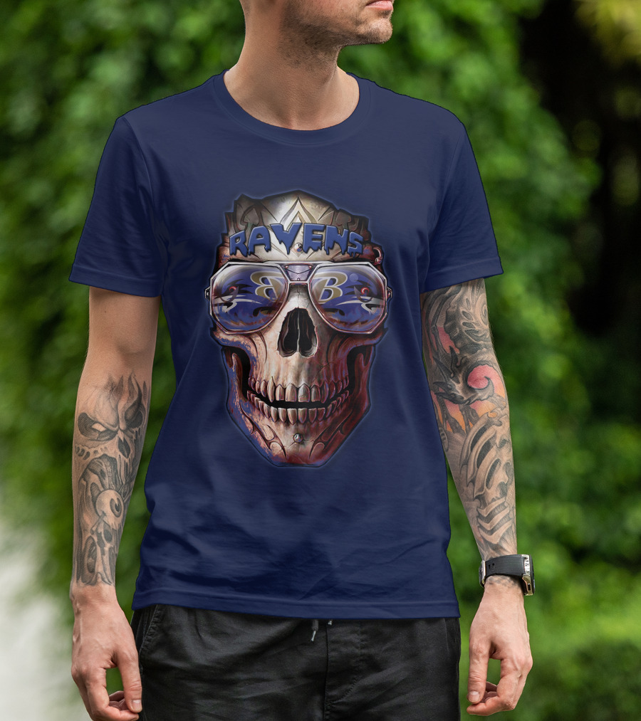 Baltimore Ravens Skull With Sunglasses Featuring Team T-Shirt