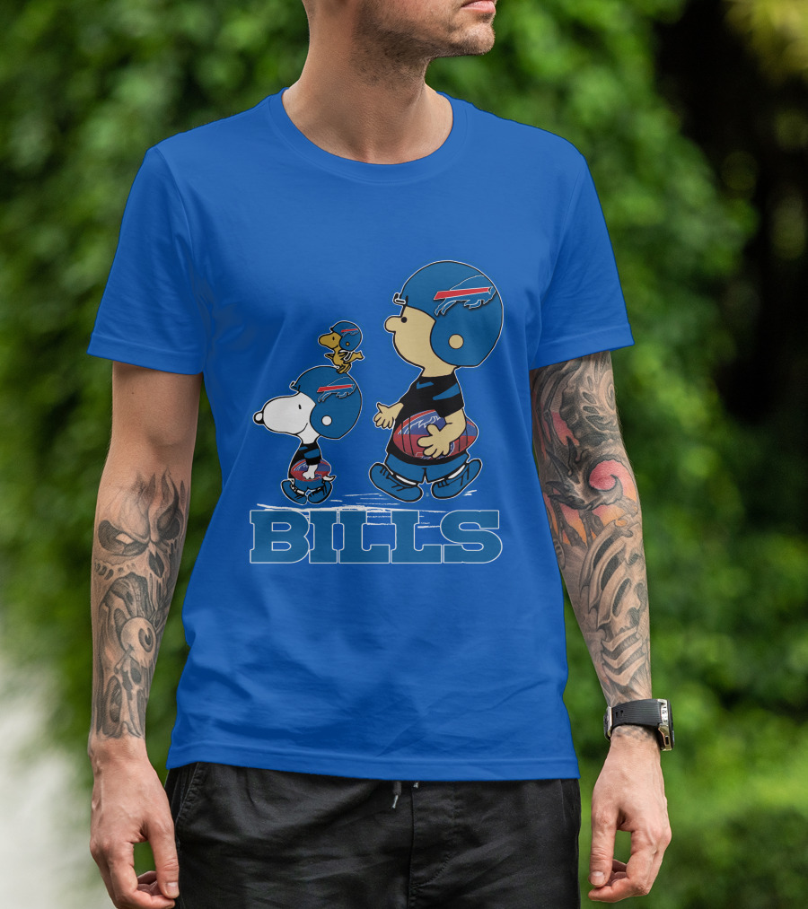 Snpfootball Buffalo Bills Snoopy Woodstock Peanuts Characters With Helmets Football T-Shirt