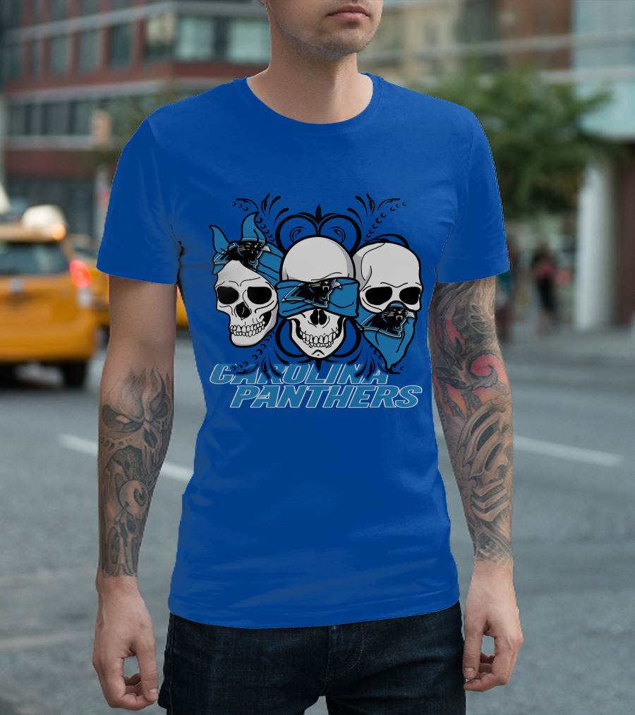 3 Skull CAROLINA PANTHERS Blindfolded Bandana T-Shirt
