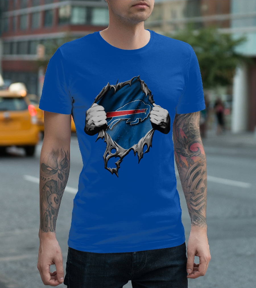 Torn Buffalo Bills Ripped Logo Hands Blue Background T-Shirt