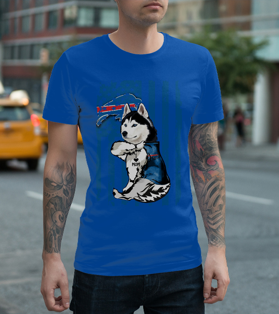 Siberian Husky Wearing Blue Buffalo Bills Vest with Heart Mom Tattoo and Flag T-Shirt