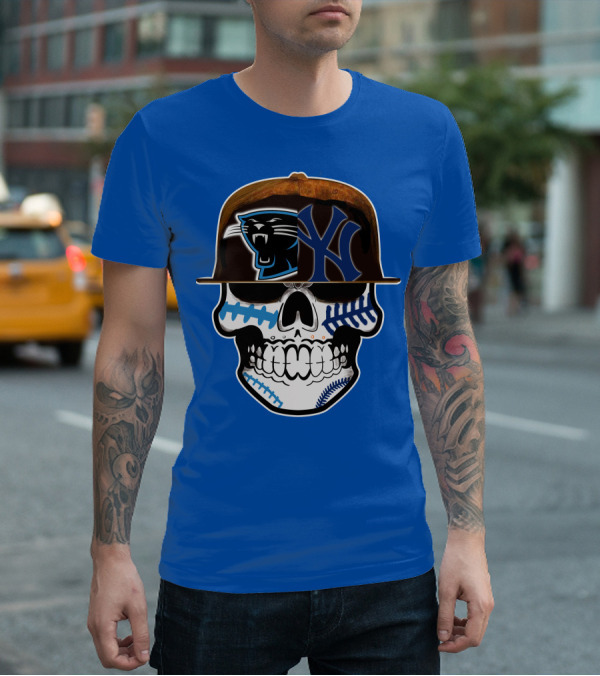 Carolina Panthers New York Yankees Skull Hat T-Shirt