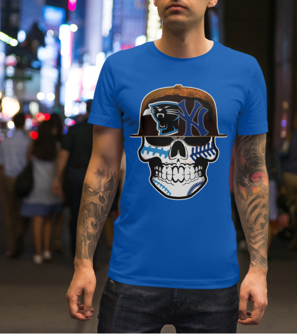 Carolina Panthers New York Yankees Skull Hat T-Shirt