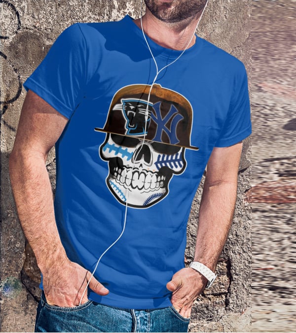 Carolina Panthers New York Yankees Skull Hat T-Shirt