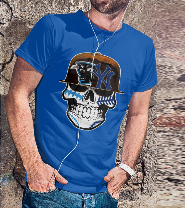 Carolina Panthers New York Yankees Skull Hat T-Shirt