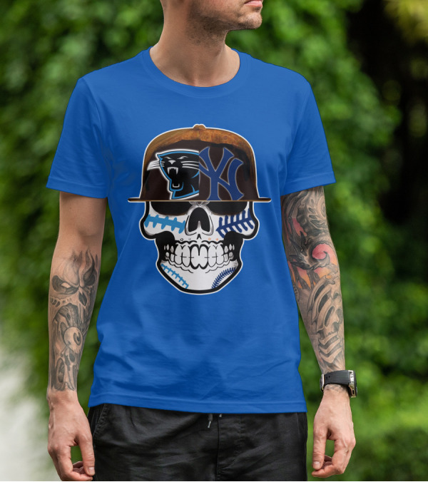 Carolina Panthers New York Yankees Skull Hat T-Shirt