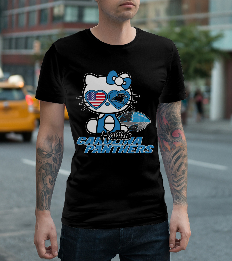 Hellokitty Carolina Panthers Football With American Flag Heart T-Shirt