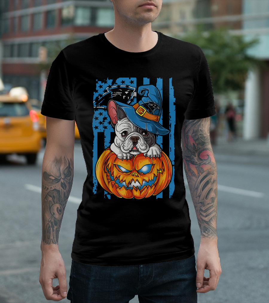 Bulldog Halloween Pumpkin Outfit Carolina Panthers Fan Style T-Shirt